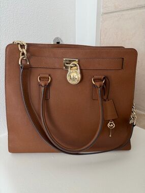 Michael Kors Brown Hamilton Saffiano Leather Satchel with Gold Hardware Large